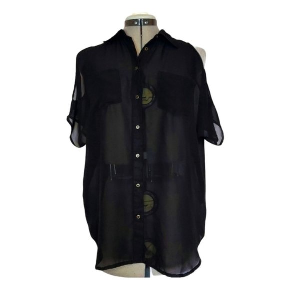 LOVE &Liberty Button Down Black Cold Shoulder Blouse Size S - Picture 1 of 3